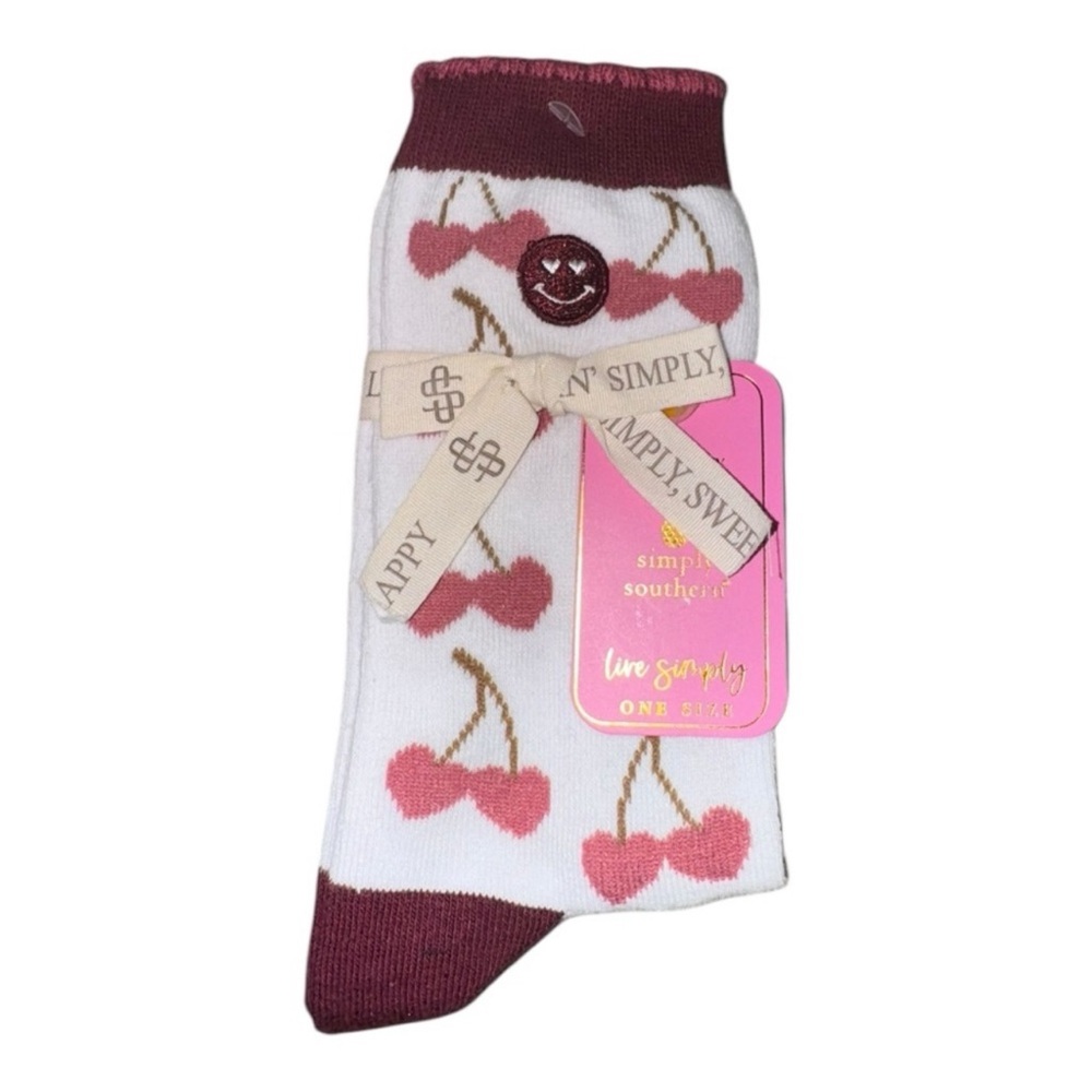 Simply Southern Burgundy Red & Cream Heart
Cherries One Size Adult Socks Smiles